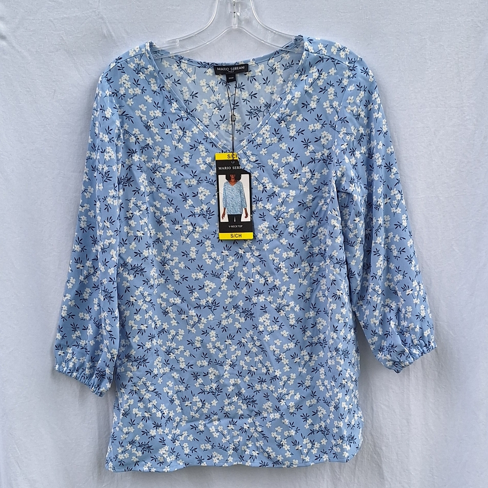 Mario Serrani Italy Blue Floral 3/4 Sleeve Light V Neck Tunic Top S